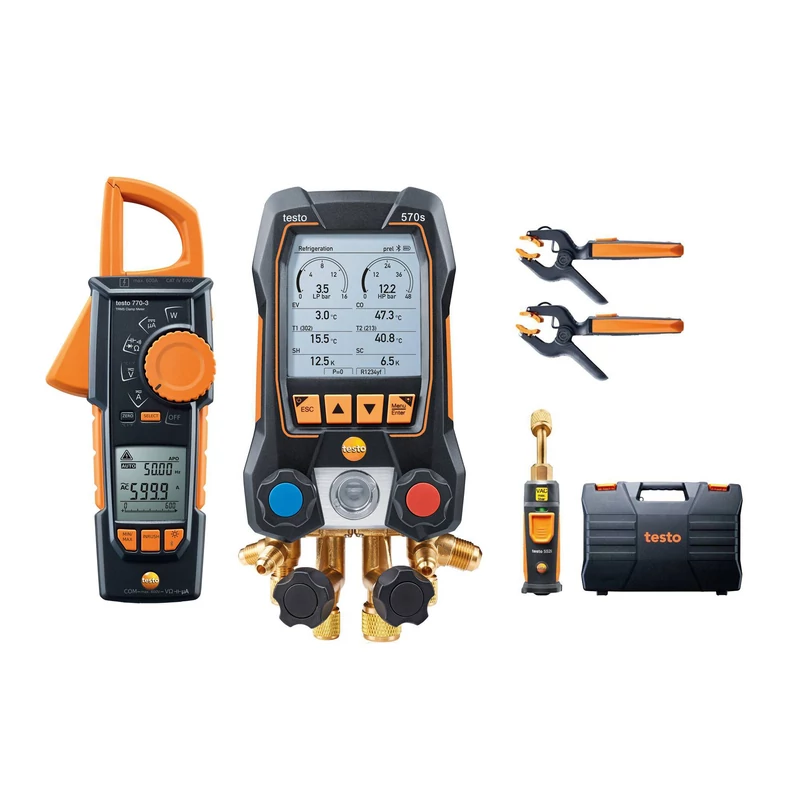 TESTO 570S OKOS VÁKUUM SZETT TÖMLŐCSÖVEKKEL - OKOS DIGITÁLIS SZERVIZCSAPTELEP VEZETÉK NÉLKÜLI HŐMÉRSÉKLET- ÉS VÁKUUMÉRZÉKELŐKKEL VALAMINT CSŐHŐMÉRSÉKLET ÉRZÉKELŐVEL ÉS LAKATFOGÓVAL