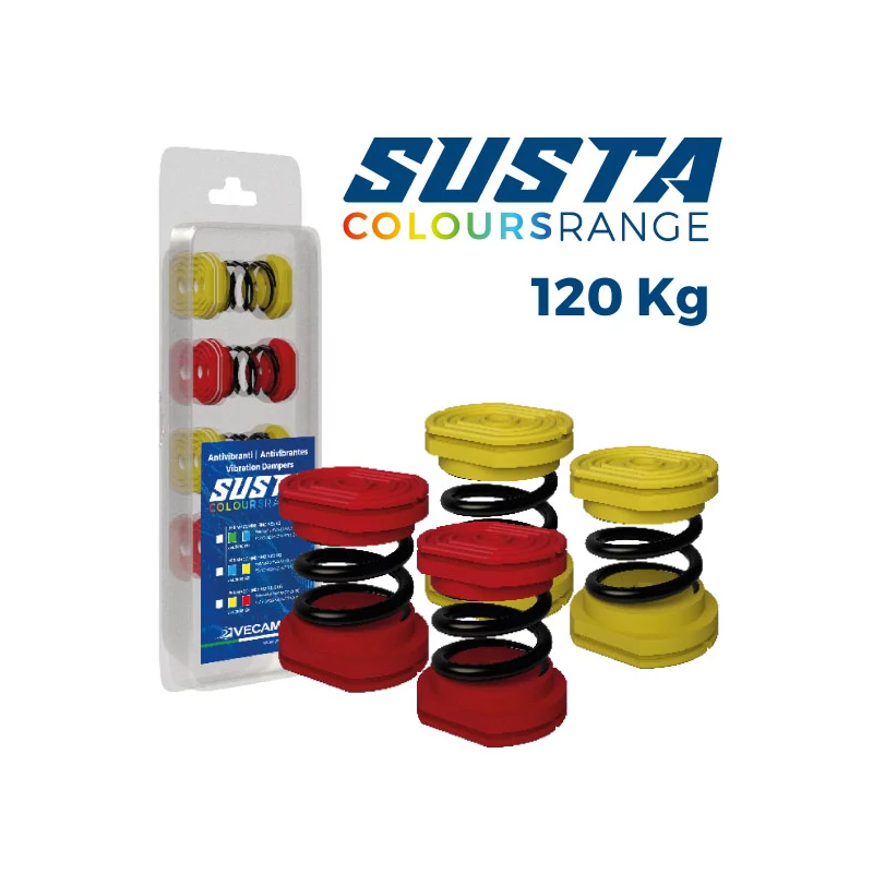 KLÍMA KÜLTÉRI REZGÉSCSILLAPÍTÓ GUMIBAK RUGÓS VECAMCO SUSTA PIROS-SÁRGA 9898-036 (120KG TEHERBÍRÁS ÖSSZESEN) 4DB/CSOMAG