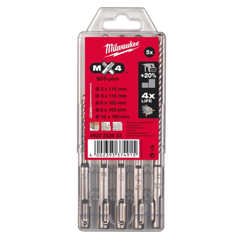 MILWAUKEE FÚRÓSZÁR KÉSZLET MX4 5 RÉSZES SDS-PLUS 4-ÉLŰ